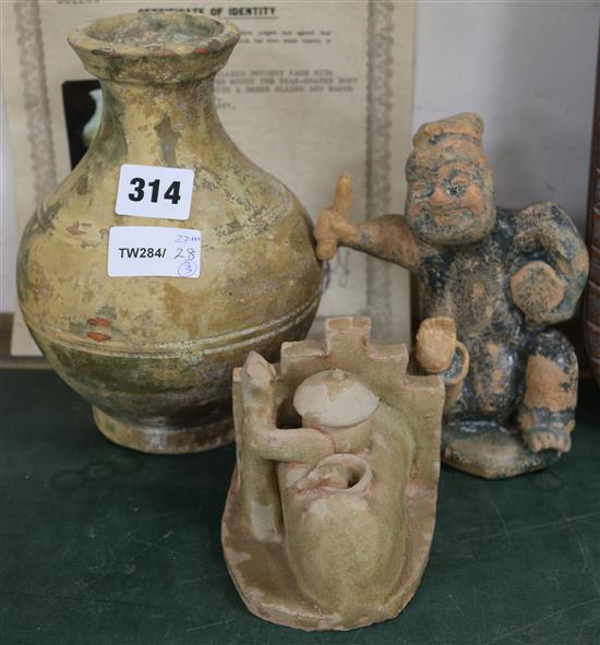 A Chinese green glazed pottery jar and two models, Han dynasty or later, one with certificate